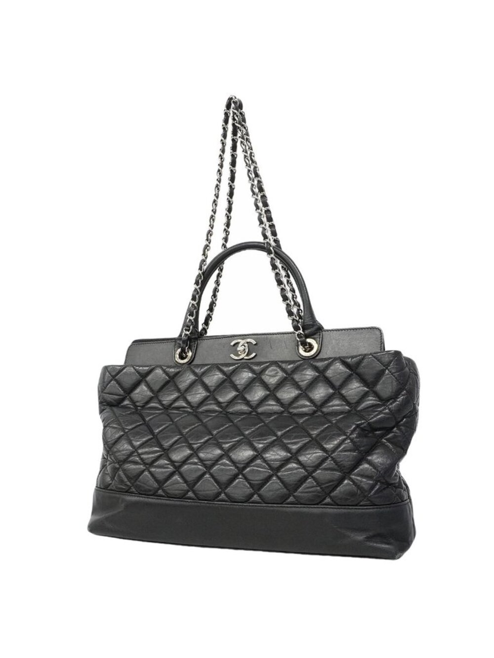Chanel Handbag Quilted Leather Black Silver 2-Way